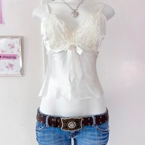 satin cami top with lace detailing and bow
